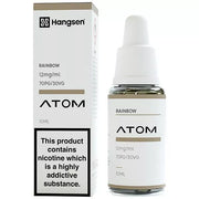 The image shows a product packaging for Hangsen Rainbow e-liquid, including a 10ml bottle and a box with branding and product information.